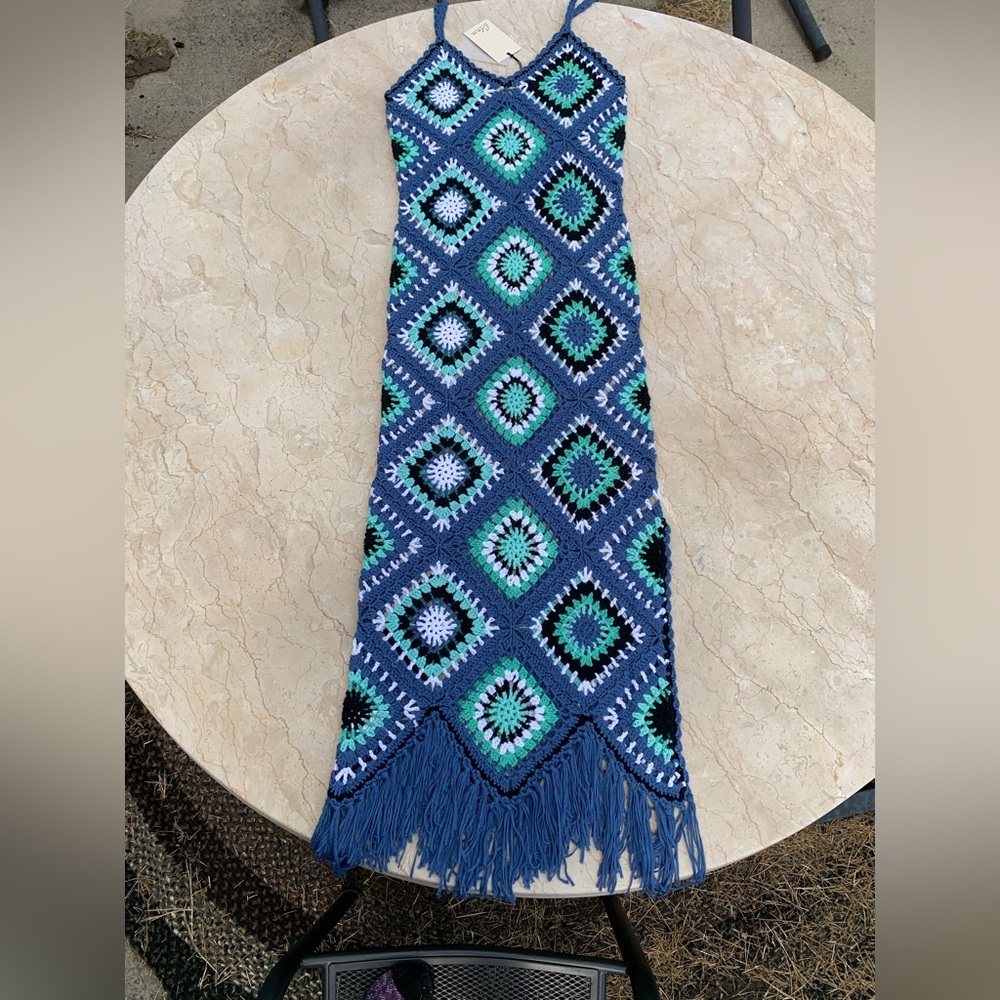 Elan Crochet Diamond Granny Square Maxi Dress M NWT beach boho festival blue